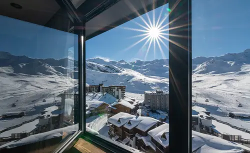 View from over the mountains from Hotel des 3 Vallées in Val Thorens